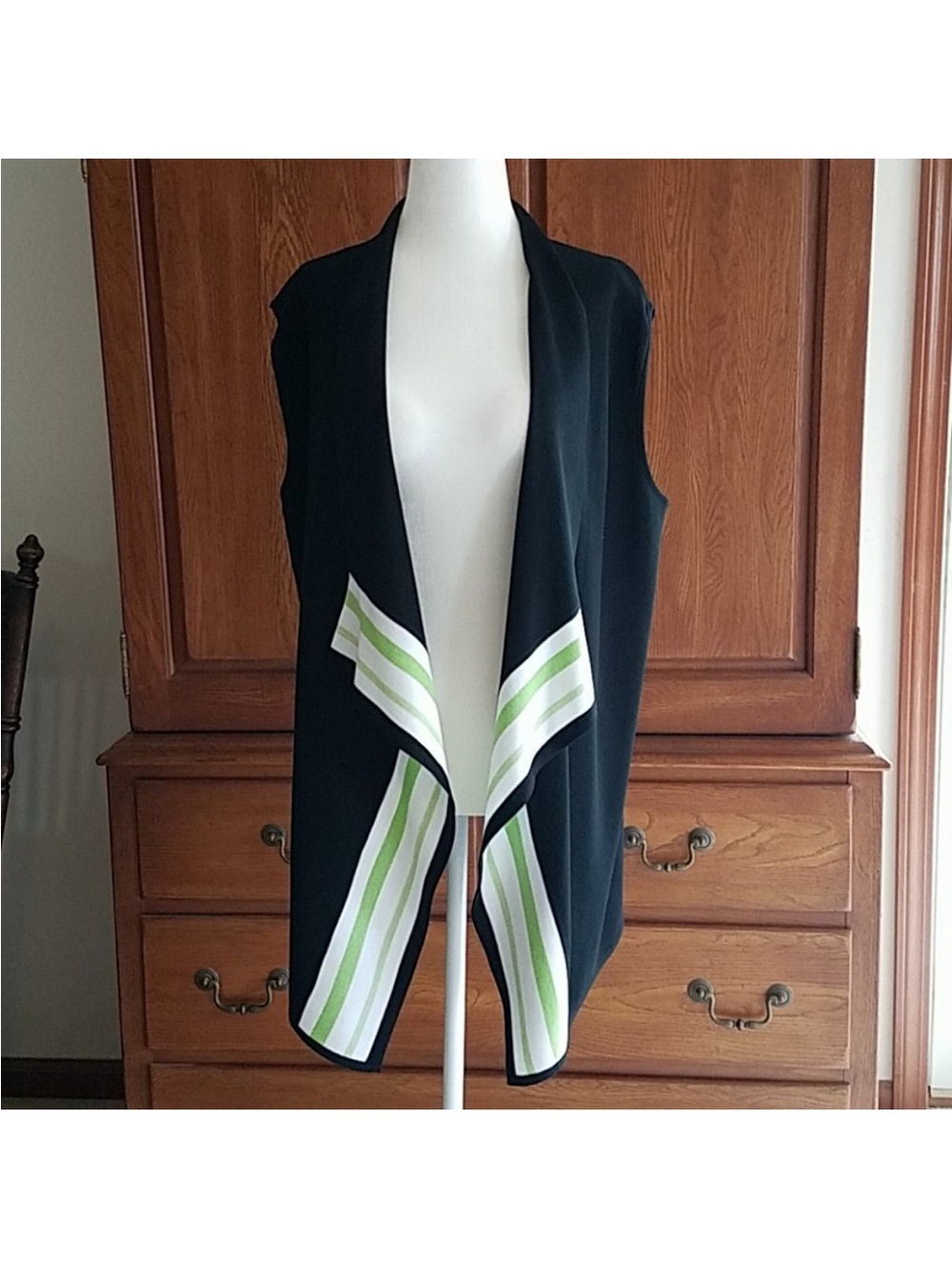 Ming Wang Open Front Sleeveless Cardigan Vest Black Green Stripe Knit Large